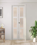 Solid Wood Bifold Closet Doors For 30 By 80 Inch Opening 3 Lite Tempered Frosted Glass Barn Style Folding Door With Hardware Kit MDF Core And Waterproof PVC Surface White Finish installed