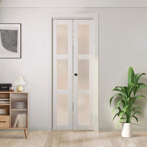 Solid Wood Bifold Closet Doors For 30 By 80 Inch Opening 3 Lite Tempered Frosted Glass Barn Style Folding Door With Hardware Kit MDF Core And Waterproof PVC Surface White Finish installed