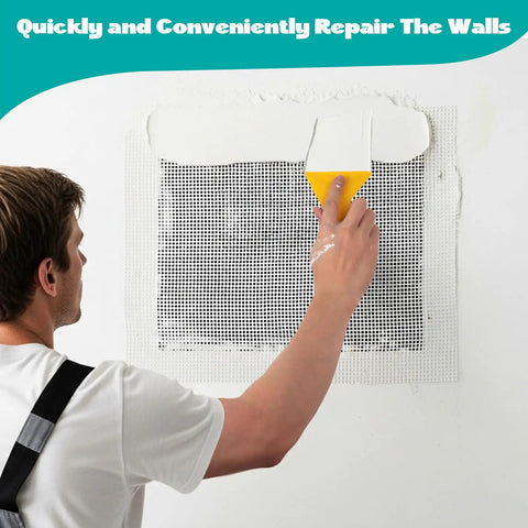 Person applying 3 Piece Drywall Repair Kit For Large Holes And Cracks Self Adhesive 12 By 12 Inch Patches on wall with scraper