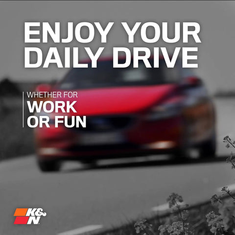Blurry red car on road with text 'Enjoy Your Daily Drive' and K&N logo, promoting high flow engine air filter for Audi A1 A3 Q2 Q3 TT 2013 to 2025