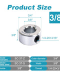 Shaft collar, 3/8 bore, 3/4 OD, 3/8 width; zinc-plated solid steel with 1/4-20 set screw.