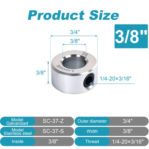 Shaft collar, 3/8 bore, 3/4 OD, 3/8 width; zinc-plated solid steel with 1/4-20 set screw.