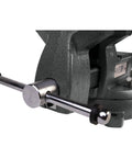 6 Inch Jaw Bench Vise Workhorse With 360 Degree Swivel Base And Double Lockdowns Replaceable Hardened Steel Top And Pipe Jaws Large Anvil Work Surface Powder Coat Finish Heavy Duty 30000 PSI Gray Cast Iron Bench Vise For Home Shop, side view
