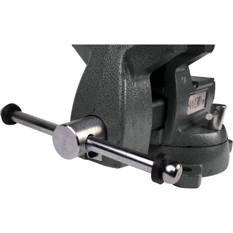 6 Inch Jaw Bench Vise Workhorse With 360 Degree Swivel Base And Double Lockdowns Replaceable Hardened Steel Top And Pipe Jaws Large Anvil Work Surface Powder Coat Finish Heavy Duty 30000 PSI Gray Cast Iron Bench Vise For Home Shop, side view