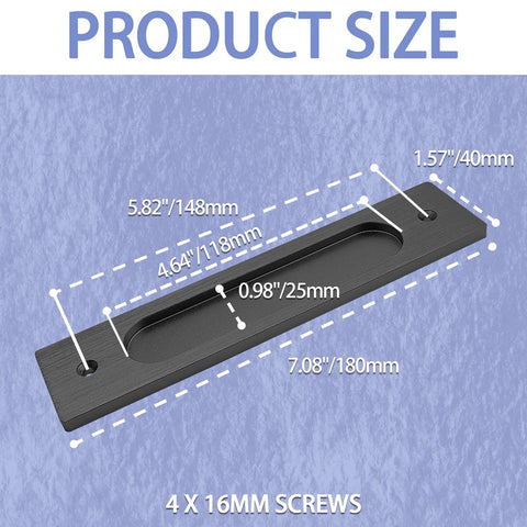 Diagram of 2 Pack 7 Inch Flush Pulls For Barn Doors Recessed Handle With Slim Rectangular Profile Matte Black Finish and dimensions.