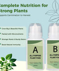 Two bottles of all-purpose plant food with nutrient benefits outlined, promoting plant growth and health, labeled A and B.