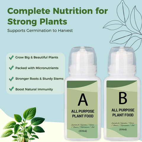 Two bottles of all-purpose plant food with nutrient benefits outlined, promoting plant growth and health, labeled A and B.