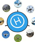 Waterproof Portable Foldable Helipad Landing Mat For Drones 22 Inch 55cm shown with various drones surrounding it.