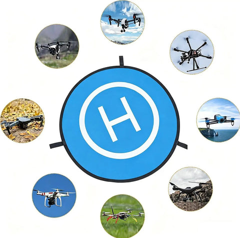 Waterproof Portable Foldable Helipad Landing Mat For Drones 22 Inch 55cm shown with various drones surrounding it.