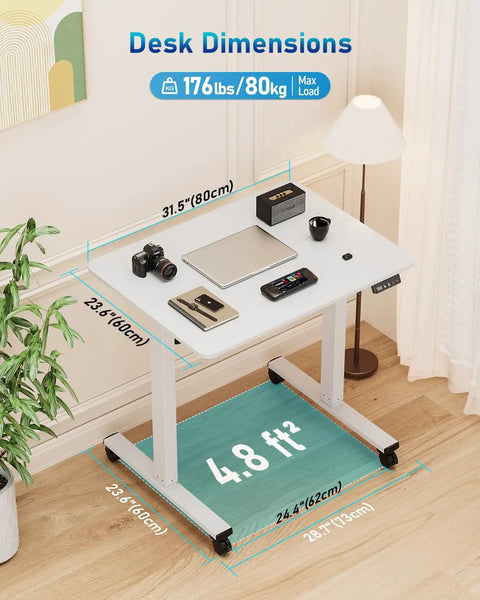 32 Inch Electric Rolling Standing Desk With Adjustable Height, Mobile Sit Stand Desk On Lockable Casters, 31.5 By 23.6 Inch Surface, White Frame And White Top, Space Saving Ergonomic Workstation For Home Office And Computer Setup