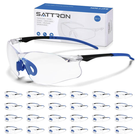24 Pack Clear Safety Glasses With UV Protection And ANSI Z87.1, Scratch And Impact Resistant Protective Eyewear displayed in bulk