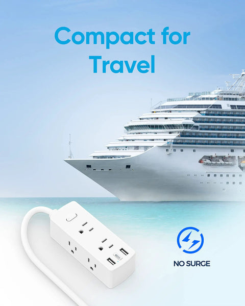 Ultra Slim Power Strip With Five Foot Extension Cord, Six Outlets, Two USB A Ports, And One USB C Port, 9-In-One for travel