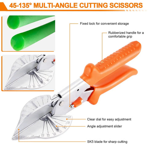 Multi-angle scissors with orange handle, clear dial, angle adjustment slider, and SK5 blade for use in Round Belt Welding Kit With 110V Adjustable Temperature Soldering Iron, Polyurethane Belt Welder, Belt Splicer, Pliers And Scissors For Fast V Belt And Round Belt Repairs.