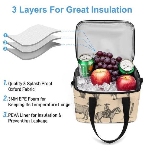 Insulated Lunch Box For Work And On The Go With Leakproof Construction and Removable Shoulder Strap, packed with food and drinks