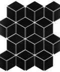 Matte Black Porcelain Rhombus Tile For Floors And Walls, Mesh-Mounted Mosaic, features 10.5x12.13 in geometric design.