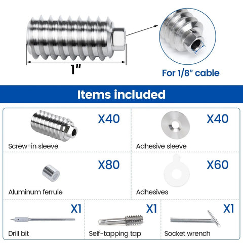 Items included in Hidden One Eighth Inch Invisible Cable Railing Kit For Wood Posts Forty Pack Stainless Steel Swage Lag Screws