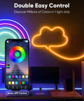 RGB 12V Smart Neon LED Strip Lights with Music Sync illuminating a room setup with Bluetooth app control on phone screen.