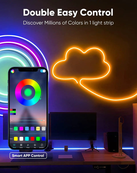 Colorful 24V RGB Neon Rope Light with Smart App Control and Music Sync on wall, showcasing vibrant patterns in indoor setup.