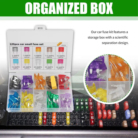 120Pcs Car Mini Blade Fuse Assortment Kit With Heavy Grip Puller Wrench 2A To 35A in organized case with color-coded fuses.