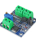 Top view of Plug And Play PWM To 0 To 10V Voltage Converter Module For PLC Interfaces with green terminal blocks and blue potentiometer.