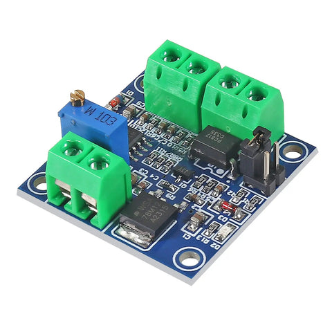 Top view of Plug And Play PWM To 0 To 10V Voltage Converter Module For PLC Interfaces with green terminal blocks and blue potentiometer.