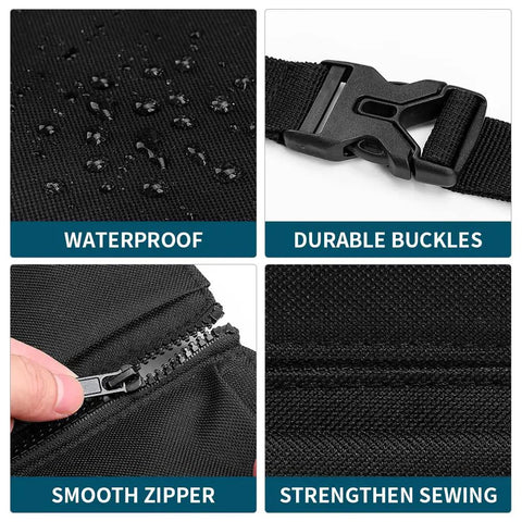 Close-up of the Hanging Car Trunk Organizer showing waterproof fabric, durable buckle, smooth zipper, and strong stitching.