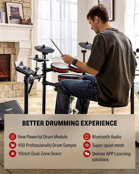Man playing an electronic drum set with Bluetooth and Melodics lessons, 450 sounds, USB MIDI, 5 pads, 3 cymbals, mesh snare