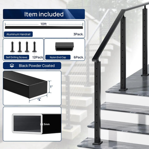 10 Ft Black Aluminum Handrail Featuring Pro Grade Powder Coating And Top Shelf Nylon End Caps Delivering Rock Solid Weather Hardened Support For Outdoor Deck Rail Upgrades with included accessories.