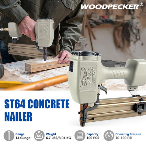 Person using Beast Heavy Duty Pneumatic Concrete T Nailer for 14 Gauge Nails, lightweight aluminum, in workshop.