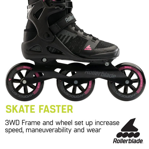 Macroblade 110 3WD Women's Fitness Inline Skates Black And Orchid 9 Wheel Drive with three high-performance wheels close-up