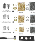 All In One Grommet Press Kit Heavy Duty Cast Iron Hand Press With Three Die Sets And 3000 Eyelets showing die sizes and eyelet sets