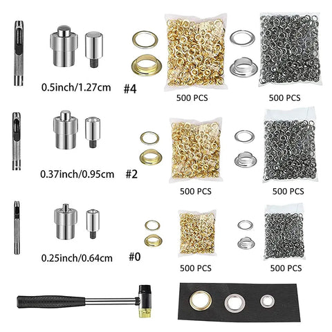 All In One Grommet Press Kit Heavy Duty Cast Iron Hand Press With Three Die Sets And 3000 Eyelets showing die sizes and eyelet sets