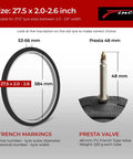 27.5 Inch Bike Inner Tubes Pack of 2 With 48mm Presta Valve For Mountain And Hybrid Bikes, illustration of size and valve details