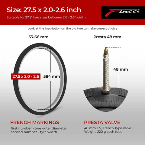27.5 Inch Bike Inner Tubes Pack of 2 With 48mm Presta Valve For Mountain And Hybrid Bikes, illustration of size and valve details