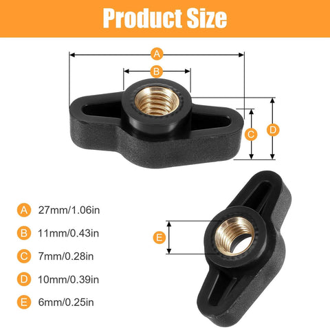 12 Pack 1 Quarter Inch Wing Knobs Through Hole T Knobs Hand Screw Nut Plastic Handle Clamping Knob With Steel Insert dimensions