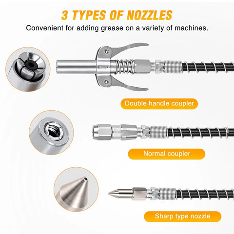3 nozzle types for Heavy Duty Pistol Grip Grease Gun Kit With 18 Inch Flexible Hose Quick Release Coupler 8000 PSI Pressure