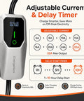 Adjustable current and delay timer display for No Sweat Portable Level 1 And Level 2 EV Charger Delivers 32 Amp Boost.