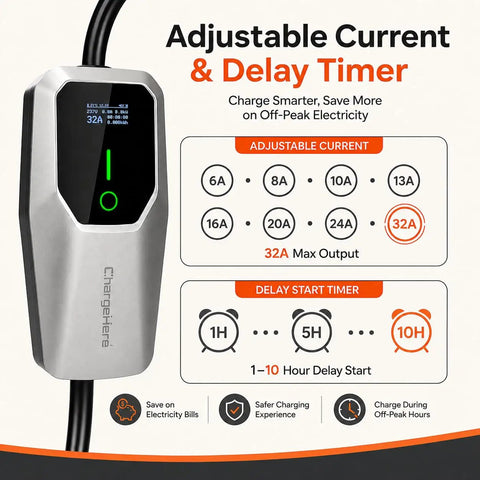 Adjustable current and delay timer display for No Sweat Portable Level 1 And Level 2 EV Charger Delivers 32 Amp Boost.