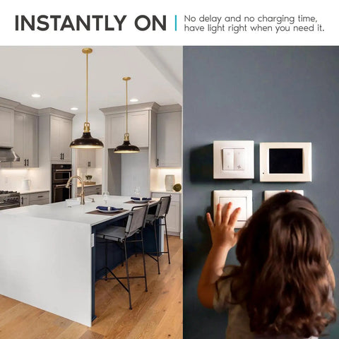 Modern kitchen with island and a child beside light switches, emphasizing "instantly on" lighting concept.