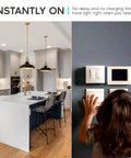 Modern kitchen with bright lighting and child touching light switch panel on wall, illustrating A19 LED Bulbs 9W Dimmable 800 Lumens 3500K Natural White Light, 60W Equivalent, E26 Base, Enclosed Fixture Rated, Energy Star, Indoor Outdoor, Super Bright, 16 Pack effectiveness
