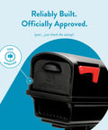 Close-up of Top Shelf Heavy Duty Double Wall Plastic Mailbox And Post Kit with red flag, USPS approved stamp detail.