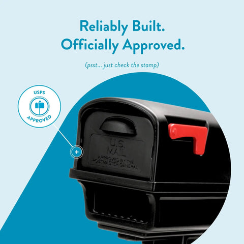 Close-up of Top Shelf Heavy Duty Double Wall Plastic Mailbox And Post Kit with red flag, USPS approved stamp detail.