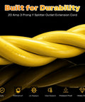Heavy Gauge Three Foot Y Splitter Converts One NEMA 6-20 Male Plug Into Two Ready To Go Female Outlets with durable yellow cord.