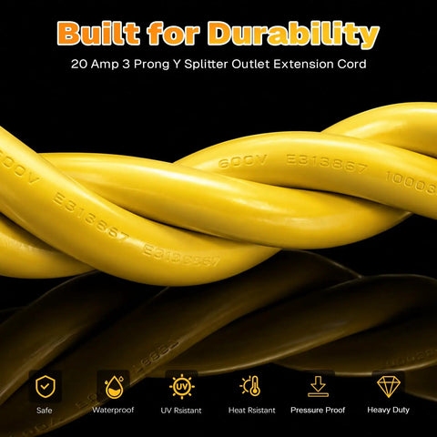 Heavy Gauge Three Foot Y Splitter Converts One NEMA 6-20 Male Plug Into Two Ready To Go Female Outlets with durable yellow cord.