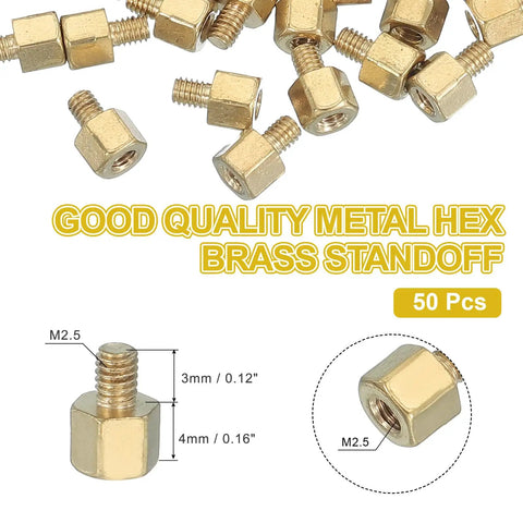 Pro-Grade M2.5 Hex Brass PCB Standoff Spacers 50 Pack With Female Thread showing multiple golden standoff spacers with specifications.