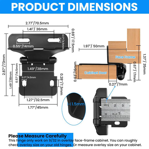 Product dimensions of Top Tier 4 Pack Overlay Cabinet Door Hinges Slick Matte Black Finish With Self Closing Build and Heavy Duty Silicone Dampers.