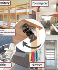 Two Pack 90 Degree Self Locking Folding Hinge Steel Foldable Bracket shown in various space-saving uses on table legs and more.
