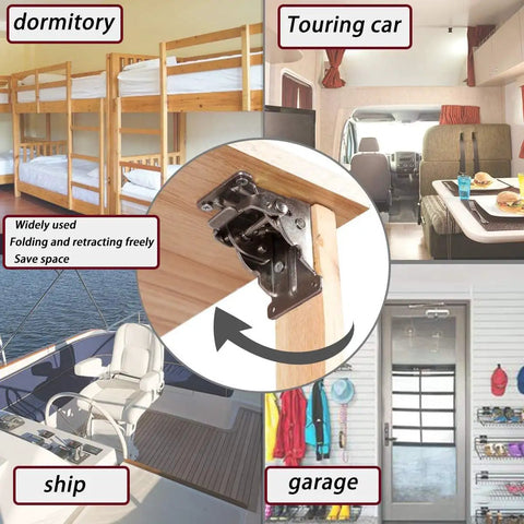 Two Pack 90 Degree Self Locking Folding Hinge Steel Foldable Bracket shown in various space-saving uses on table legs and more.
