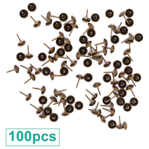 Top Shelf Metal Upholstery Tacks And Furniture Nails For Vintage Diy Makeovers, Rust Resistant Heavy Duty Headpins, 100 Piece Pack scattered vintage bronze decorative nails.