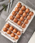 Eggs Fridge Organizer Drawer Bin Set For Maximum Freshness Pro Grade Large Plastic Egg Holder with eggs in transparent trays